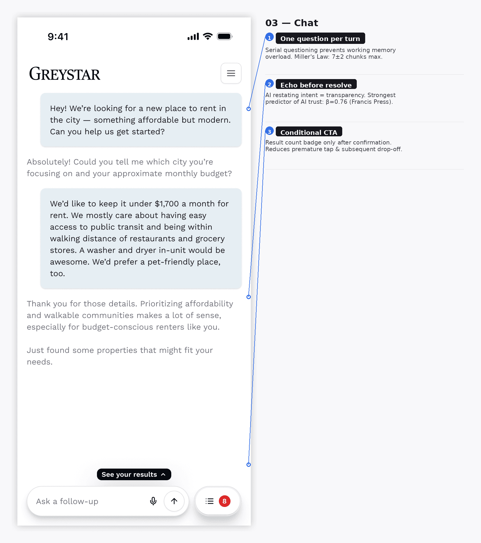 Annotated Ask Markerr conversation showing one question per turn and an echo-before-resolve confirmation pattern.