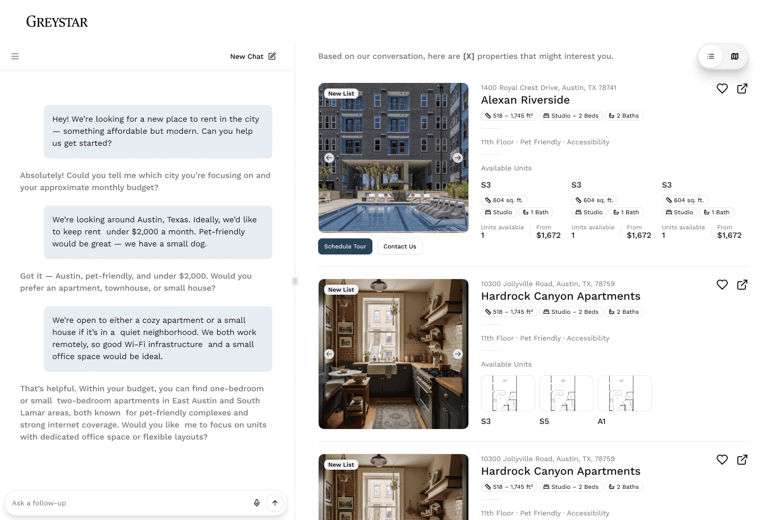 Desktop Ask Markerr split view preserving conversation beside grounded property results.