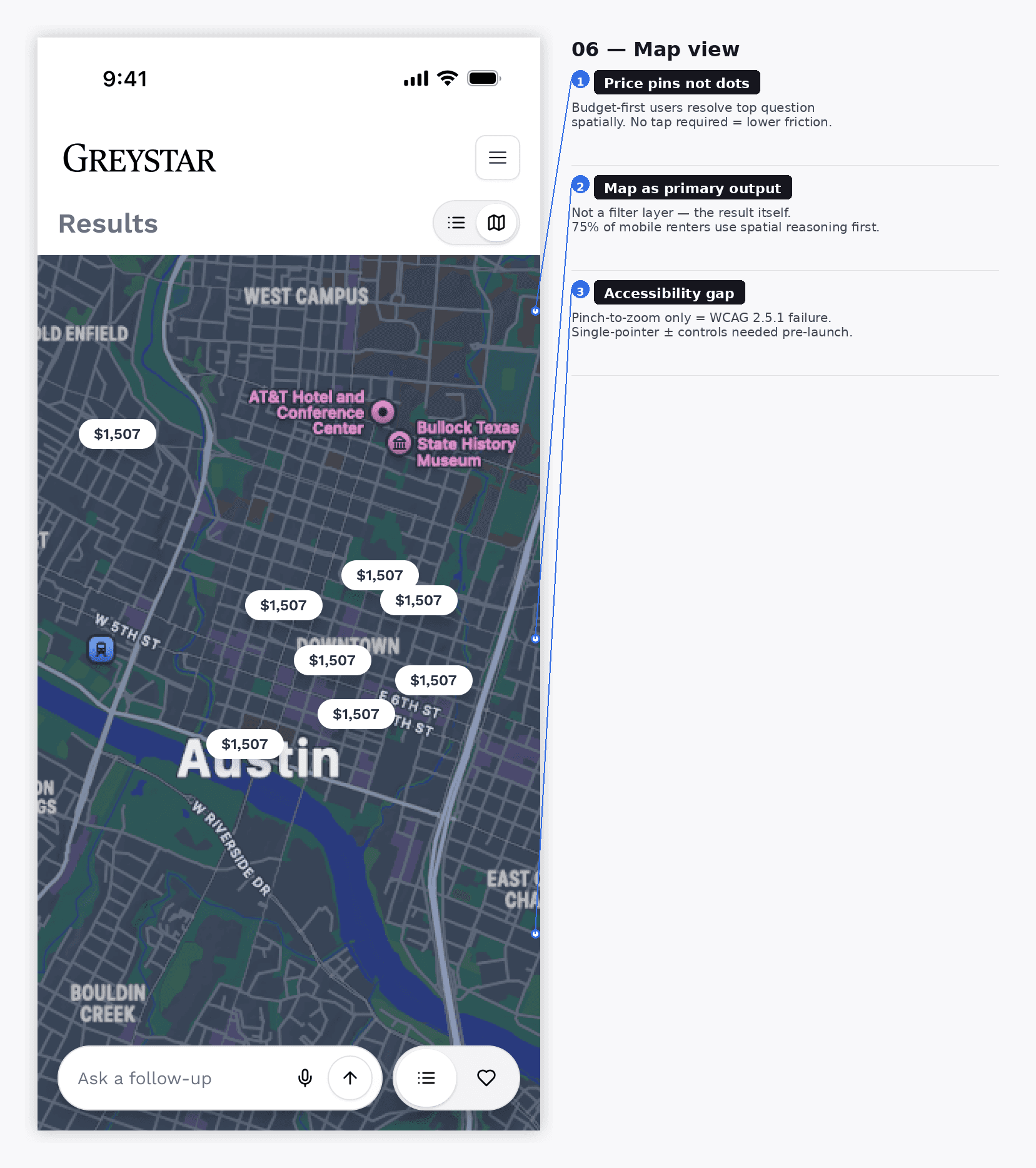 Annotated Ask Markerr map view using price pins and persistent conversational refinement.