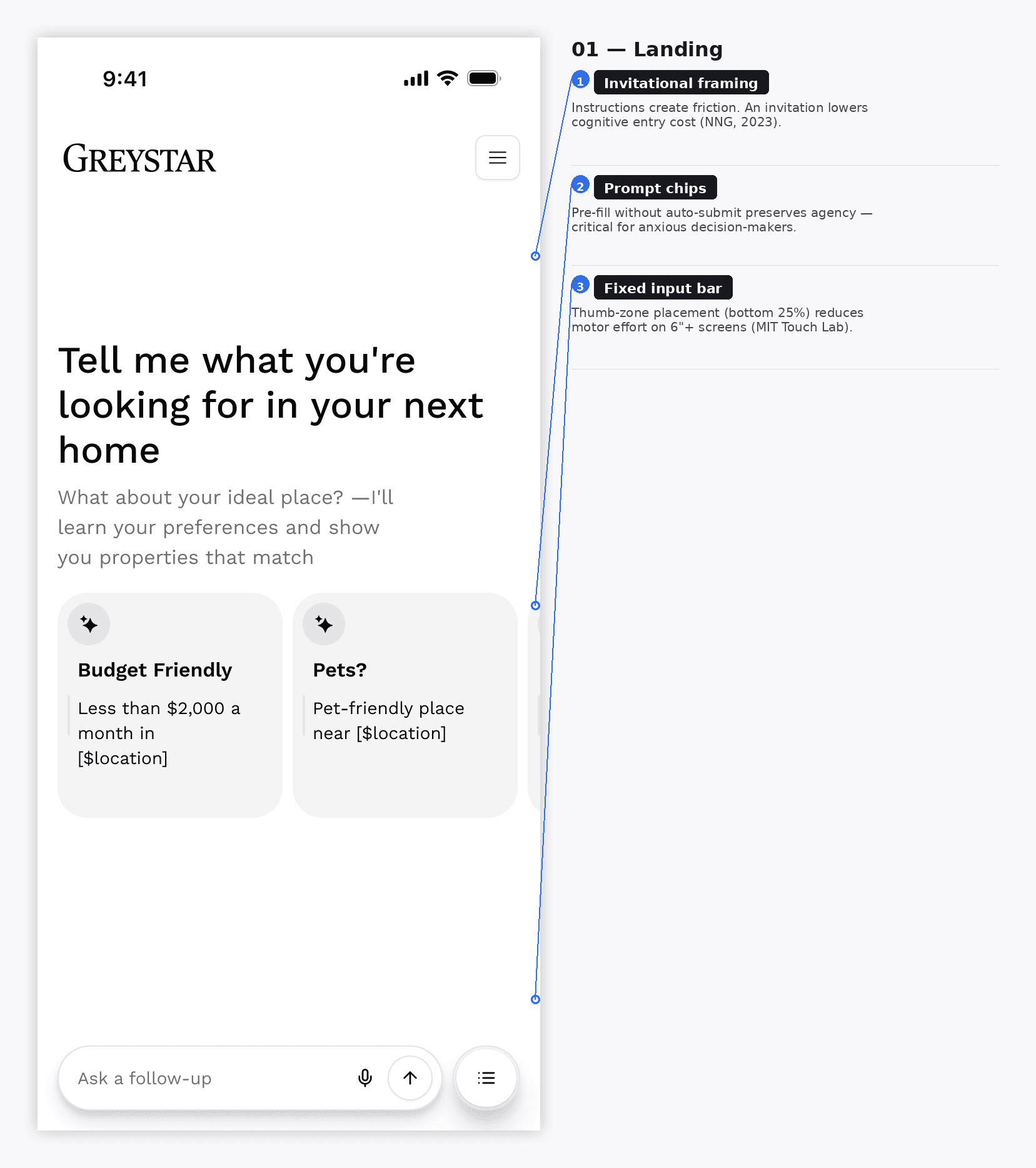 Annotated Ask Markerr empty state showing invitational framing, editable prompt chips, and a fixed follow-up input.