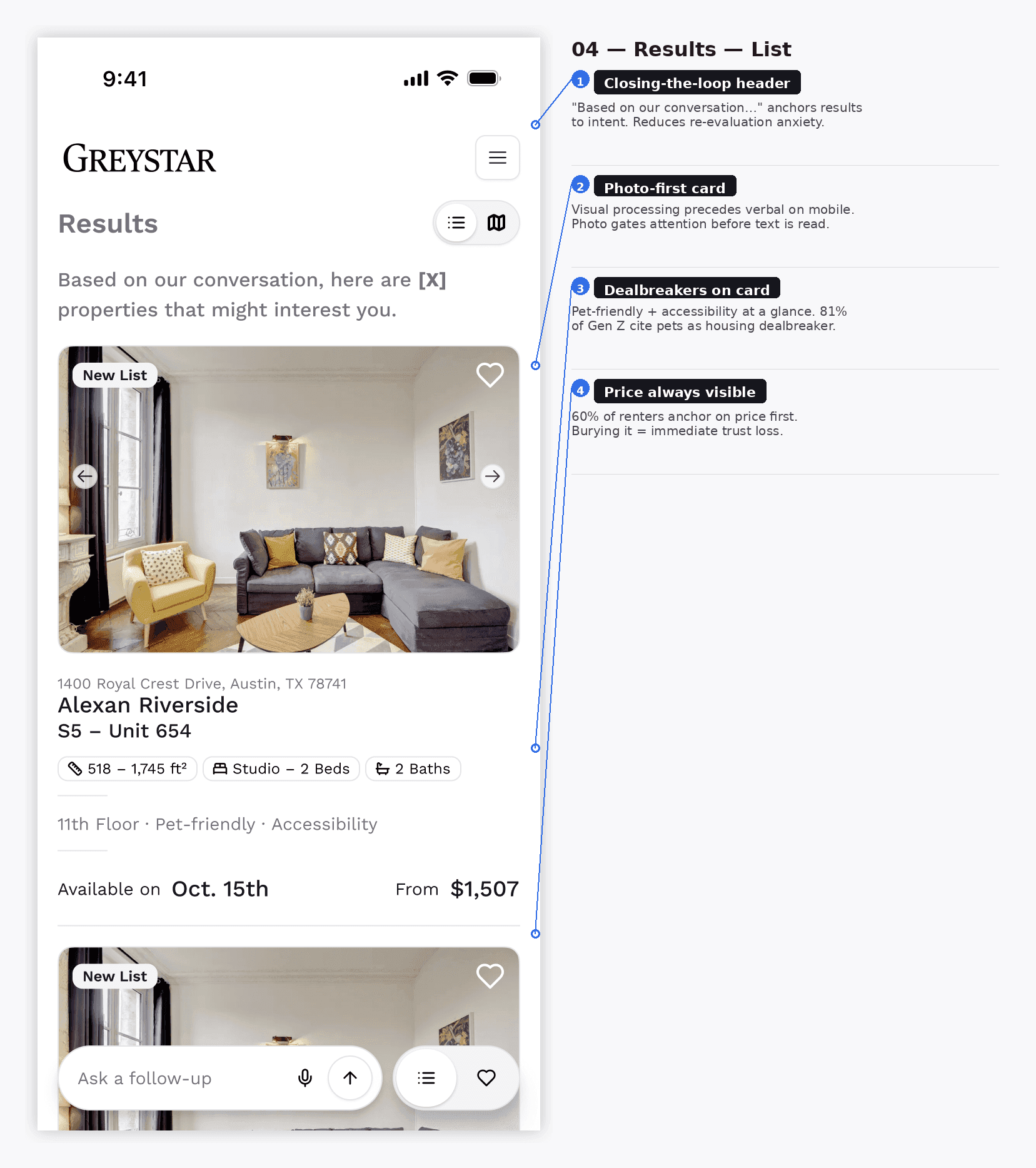 Annotated Ask Markerr results list with database-backed price, availability, amenities, and property facts.