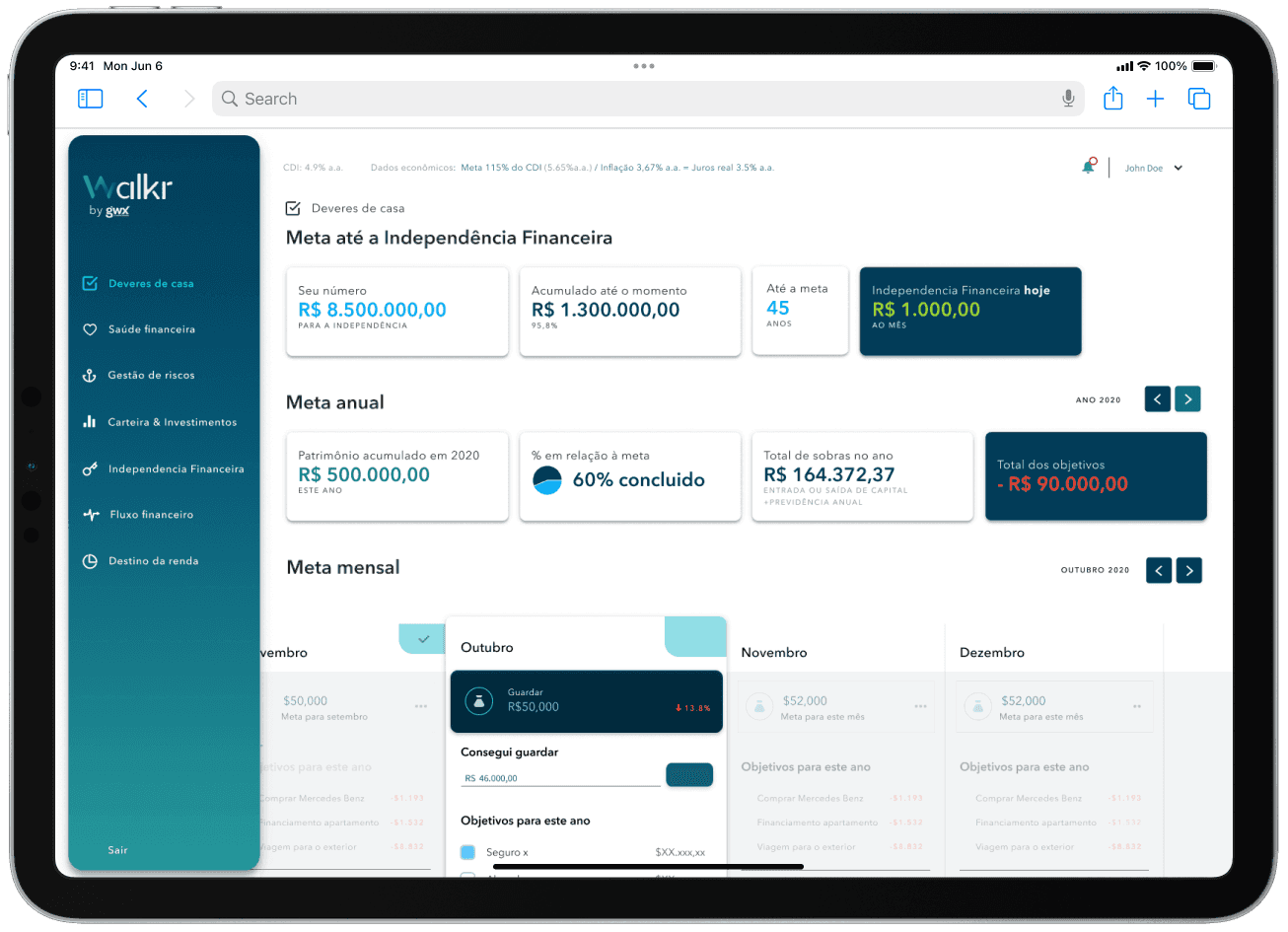 Walkr progress dashboard showing goals and monthly actions